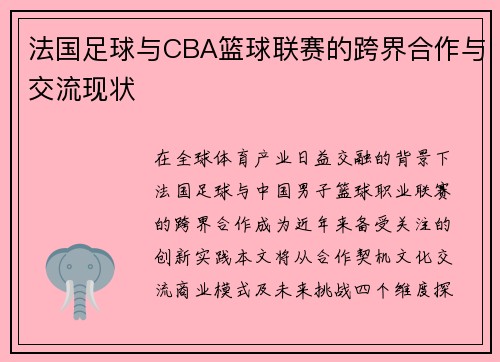 法国足球与CBA篮球联赛的跨界合作与交流现状