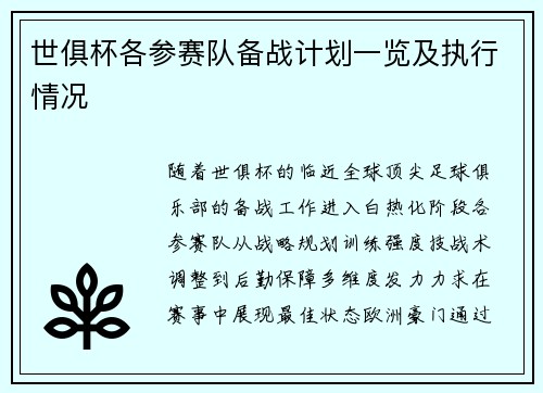 世俱杯各参赛队备战计划一览及执行情况